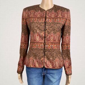 Vintage Adrianna Papell Brown Floral Mandarin Style Blazer Jacket SZ 4 Silk
